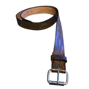 F & L Classic Top Grain Leather Men's Belt 42 Wide Browns Engraved Design